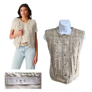 IRO Dilea Fringe Snap Mixed Beige & Metallic Silver Tweed Vest Jacket Size 34/XS